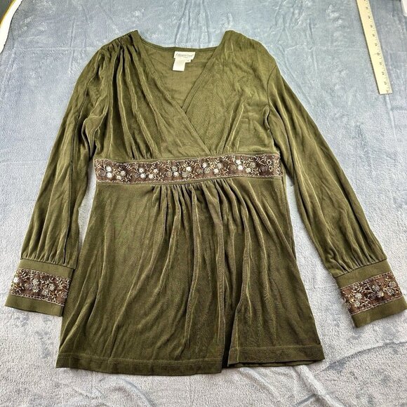 COLDWATER CREEK 2 Piece Vintage Set Size Medium Olive Beaded Sequins Long Sleeve - Picture 2 of 16